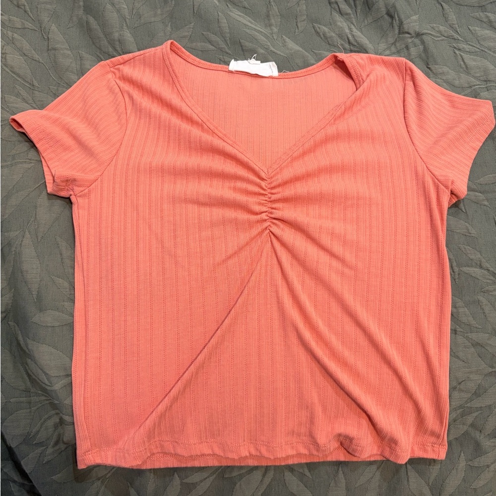 Coral Ruched V-Neck Women's Top